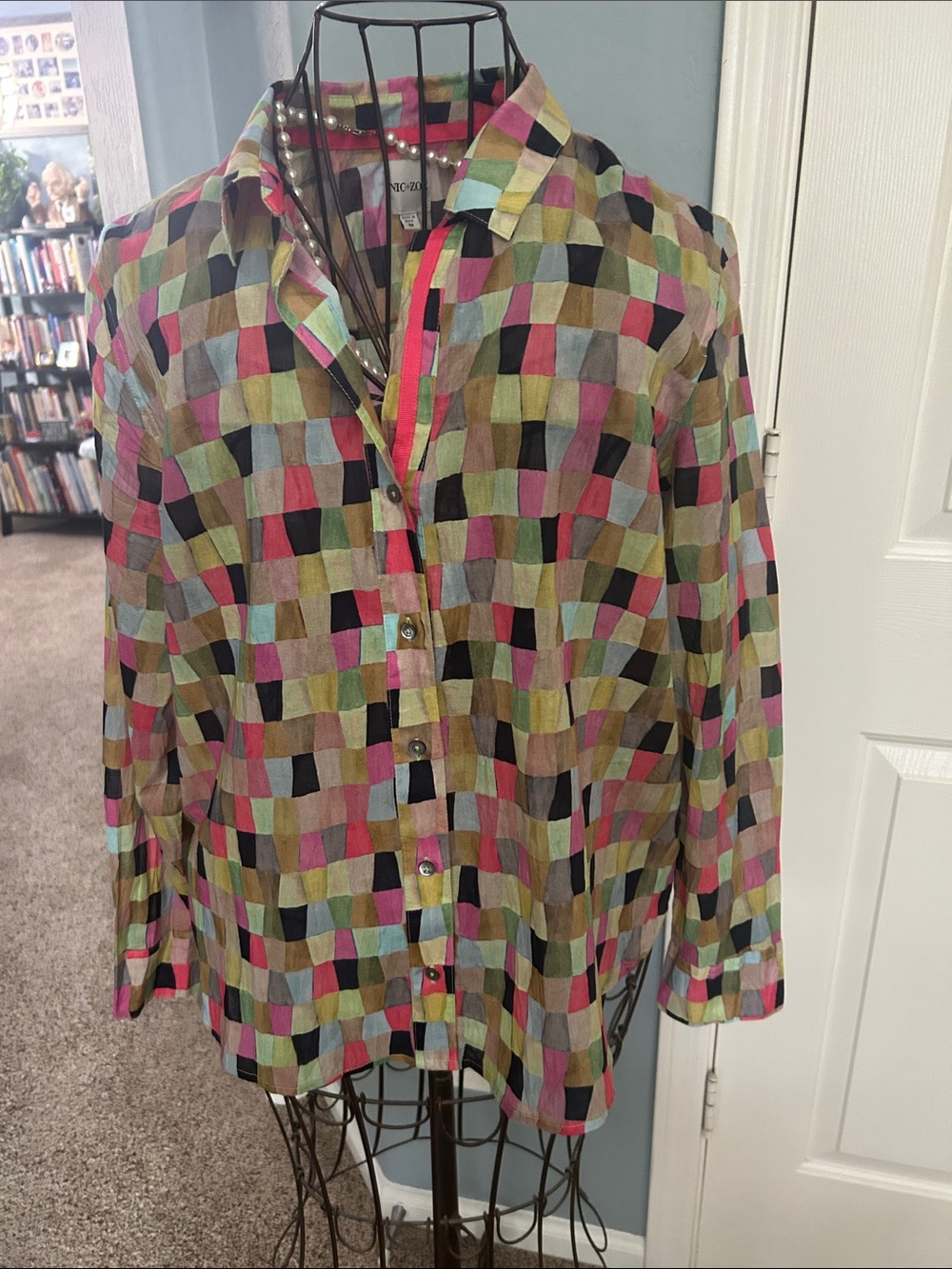 NIC+ZOE Multicolor Check Button-Front Blouse